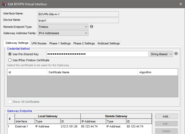 BOVPN Virtual Interface Gateway Settings - Site A